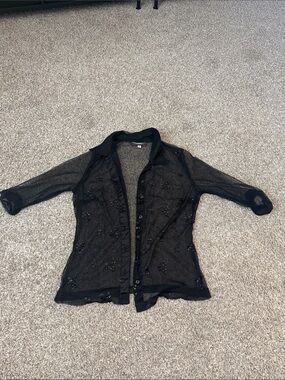 Black Sheer Embellished Button-Front Blouse